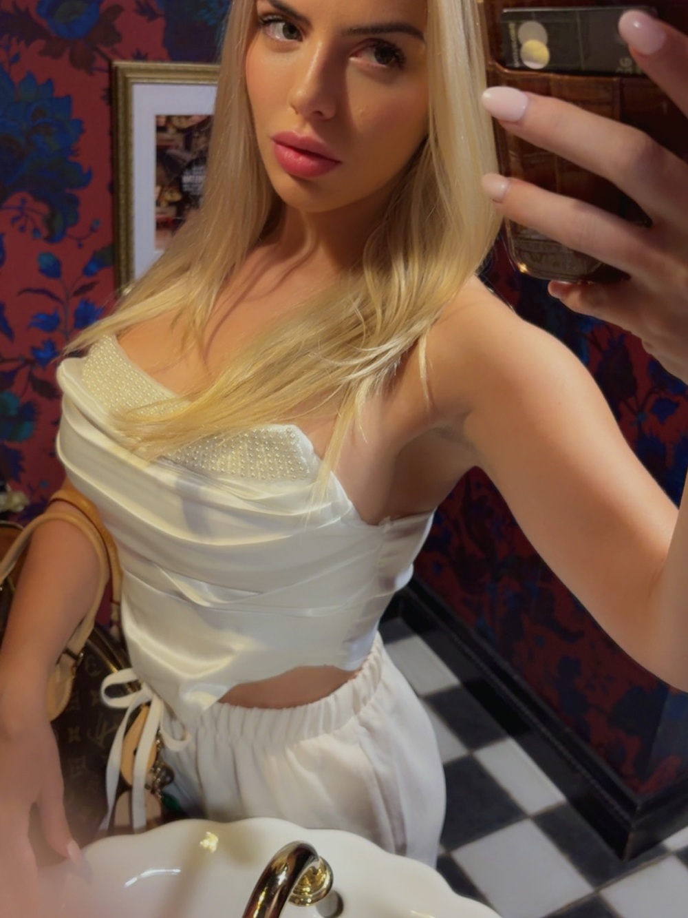 White Satin pearl trim Top